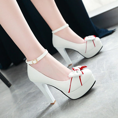 Women's Ankle Strap Chunky Heel Platform Pumps