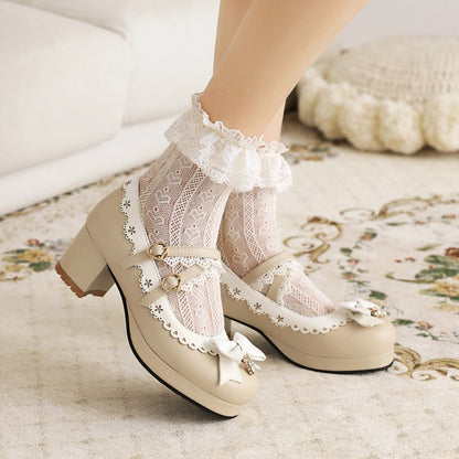 Women's Bow Tie Rhinestone Chunky Heel Platform Pumps