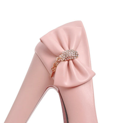 Women's Rhinestone Bowtie Chunky High Heel Platform Pumps