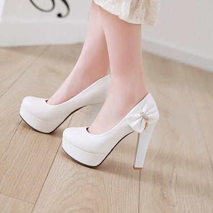 Women's Rhinestone Bowtie Chunky High Heel Platform Pumps