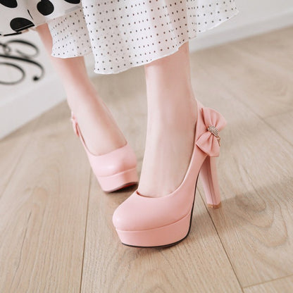 Women's Rhinestone Bowtie Chunky High Heel Platform Pumps