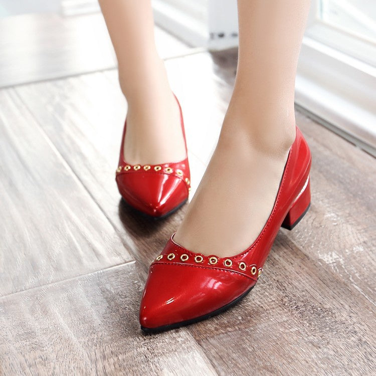 Women's Patent Leather Chunky Heels Pumps