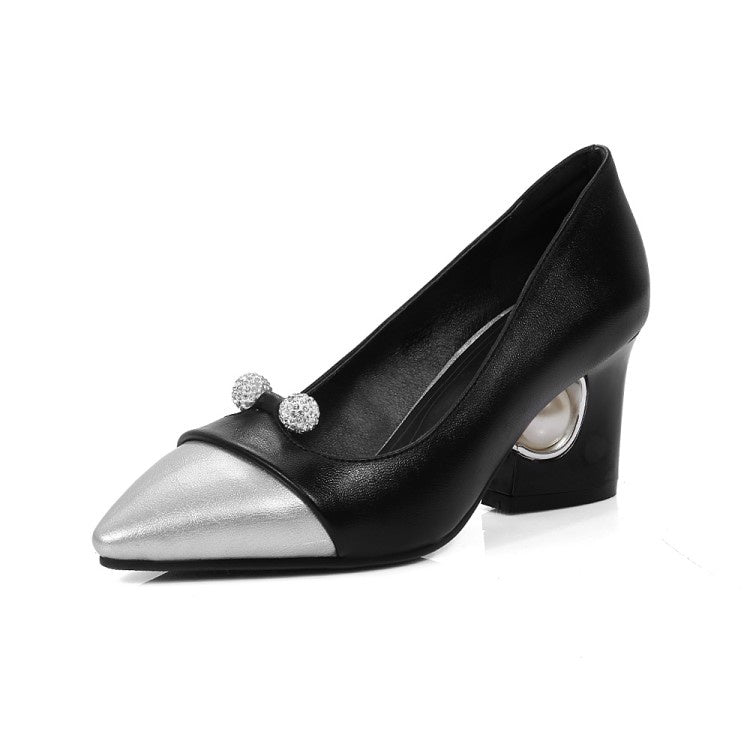 Women's Pearl High Heeled Chunky Heels Pumps