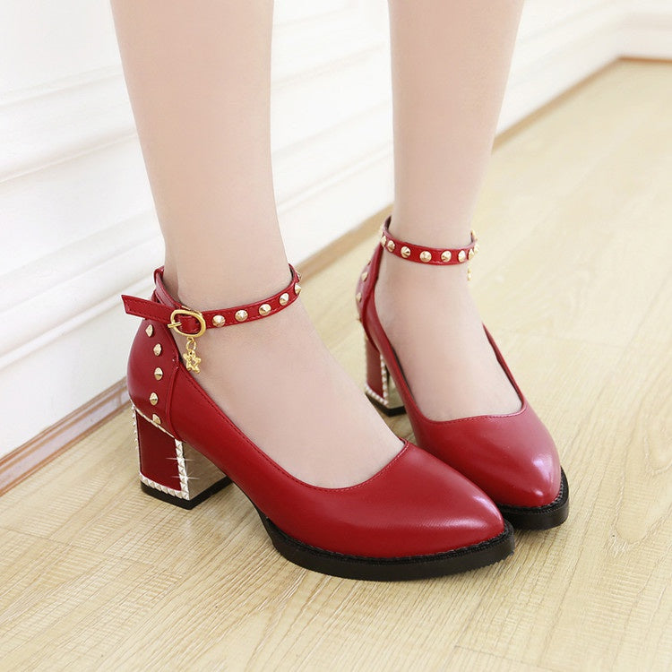 Women's Ankle Strap Rivets High Heeled Chunky Heels Pumps