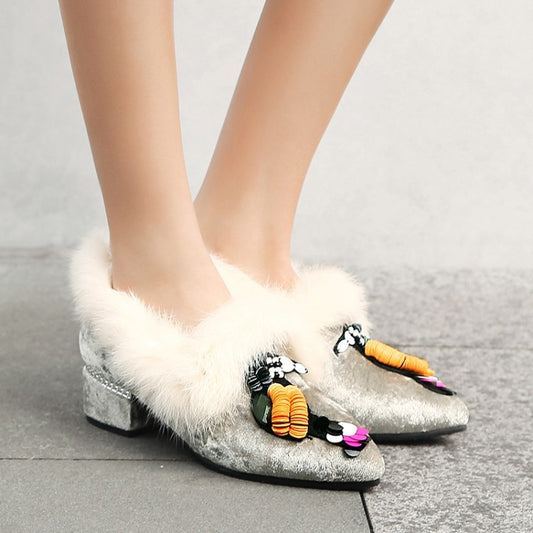 Women's Furry Mid Heeled Chunky Heels Lofers Shoes