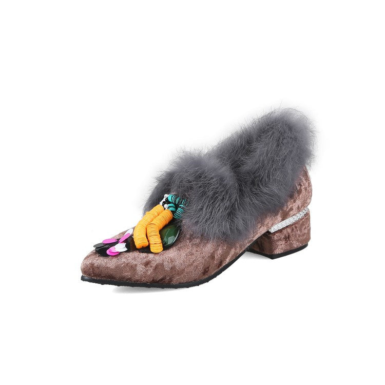 Women's Furry Mid Heeled Chunky Heels Lofers Shoes