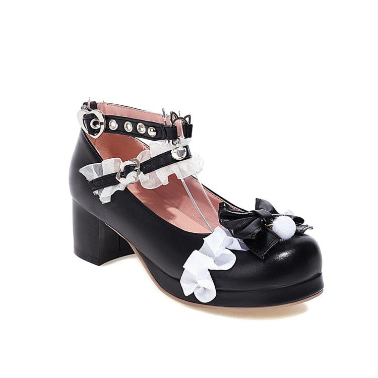 Women's Pumps Buckle Mary Janes Shoes with Bowtie