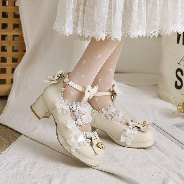 Women's Pumps Lace Pearl Mary Janes Shoes with Bowtie