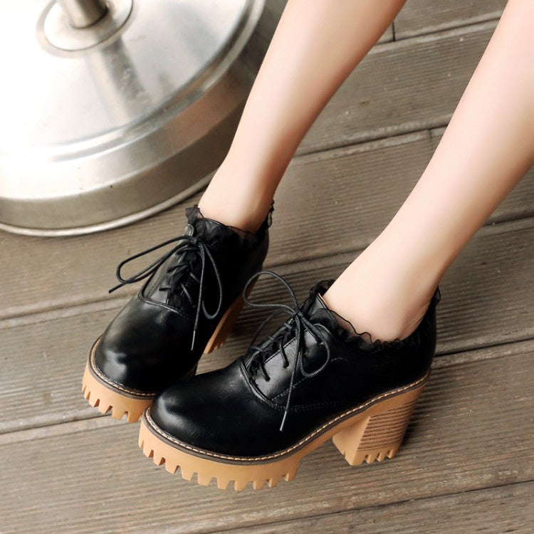 Women's Lace Up Chunky High Heels Shoes