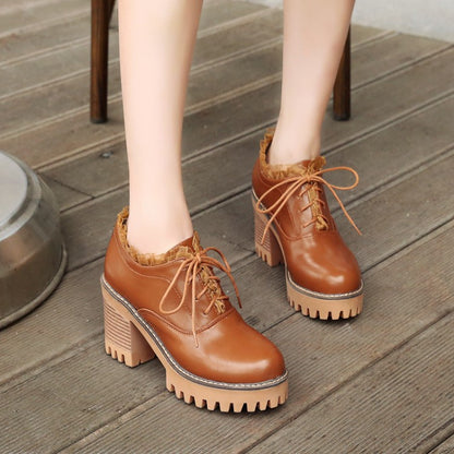 Women's Lace Up Chunky High Heels Shoes