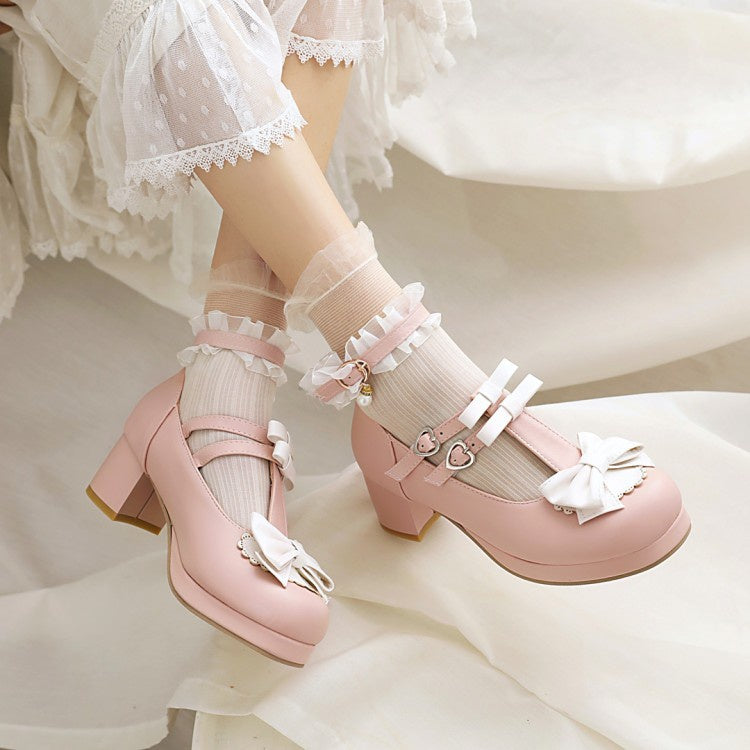 Women's Chunky Heel Pumps T Straps Shoes with Bowtie