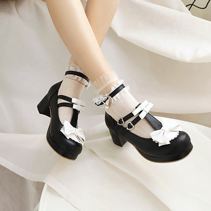 Women's Chunky Heel Pumps T Straps Shoes with Bowtie