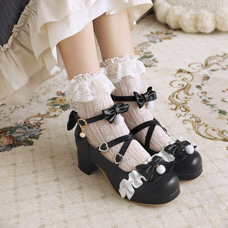 Women's Chunky Heel Pumps Mary Janes Shoes with Bowtie