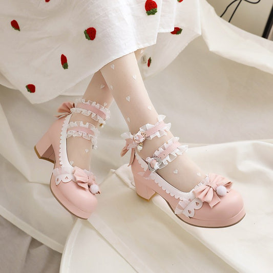 Women's Lace Buckle Chunky Heel Pumps Mary Janes Shoes with Bowtie
