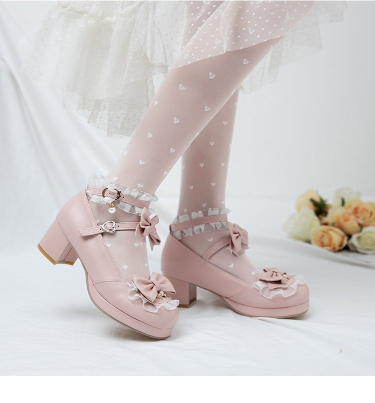 Women's Lolita Chunky Heel Pumps Mary Janes Shoes with Bowtie