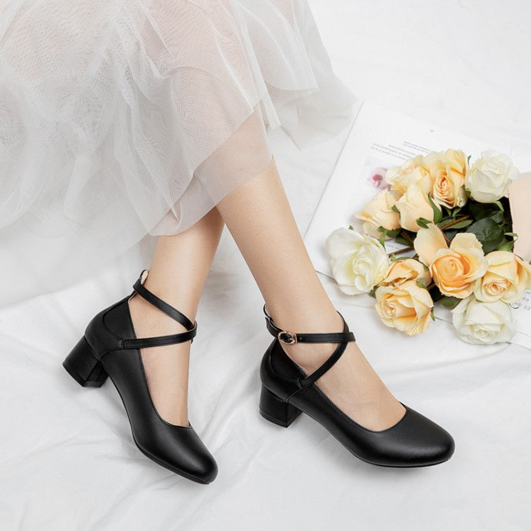 Women's Buckle Ankle Strap Pumps Chunky Heels Shoes