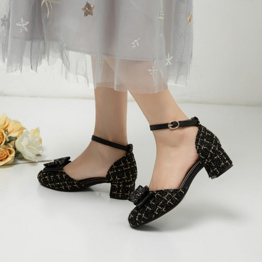 Women's Ankle Strap Bow Pumps Chunky Heels Shoes
