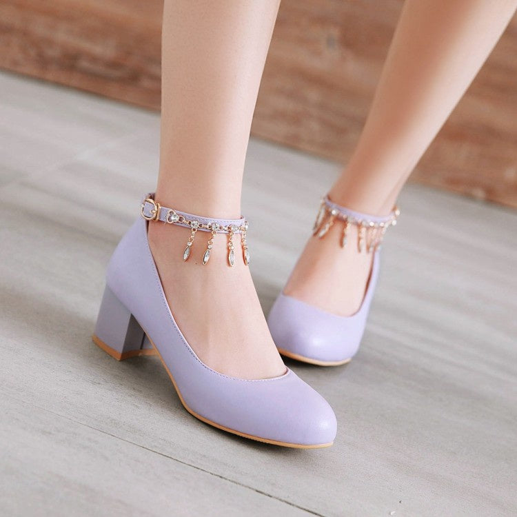 Women's Rhinestone Ankle Strap Pumps Chunky Heeled Shoes
