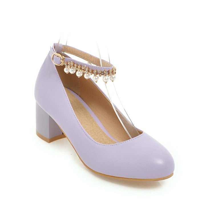 Women's Pearl Ankle Strap Pumps Chunky Heeled Shoes
