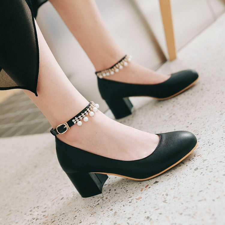 Women's Pearl Ankle Strap Pumps Chunky Heeled Shoes