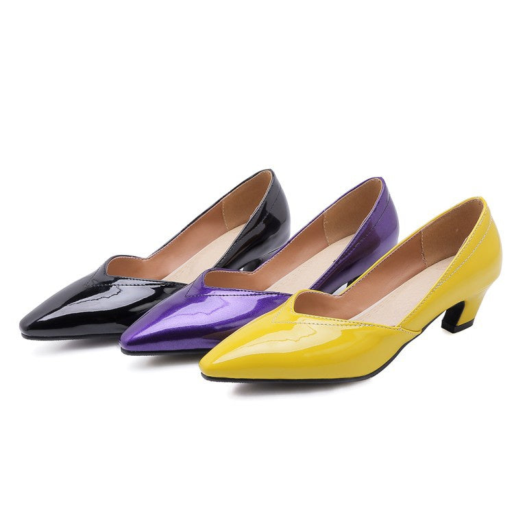 Women's Patent Leather Low Heeled Chunky Heels Pumps
