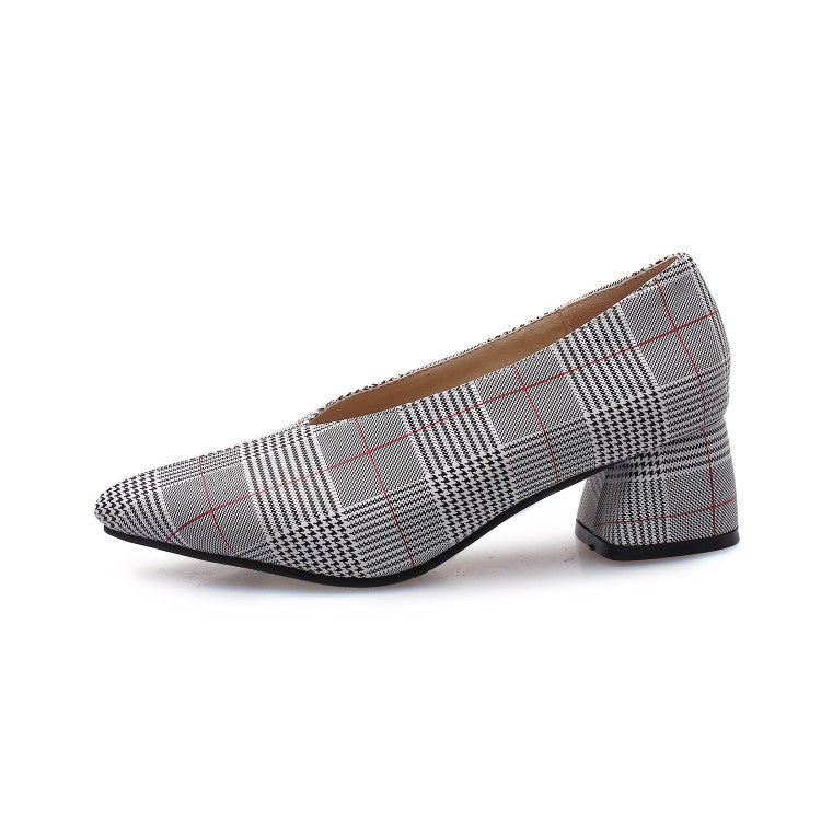 Women's Plaid High Heeled Chunky Heels Pumps