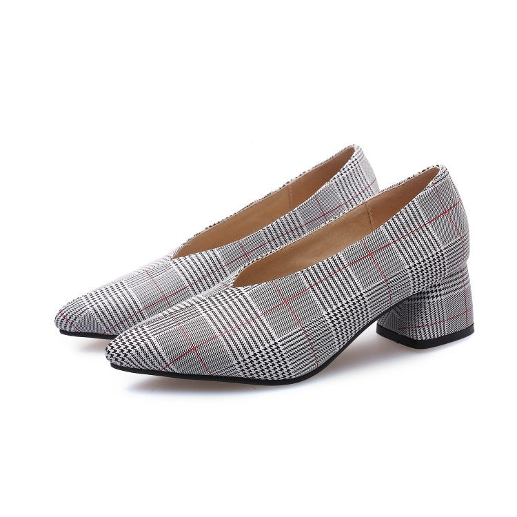 Women's Plaid High Heeled Chunky Heels Pumps