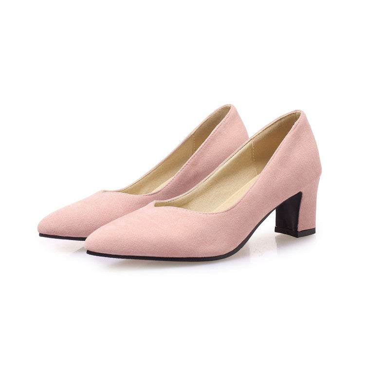 Women's Suede Pointed Toe High Heeled Chunky Heels Pumps