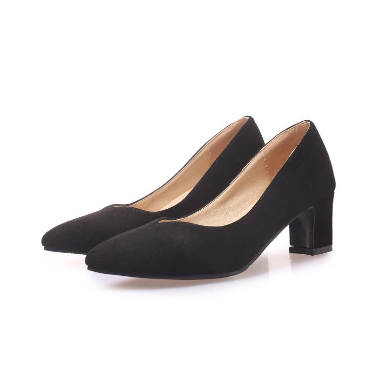 Women's Suede Pointed Toe High Heeled Chunky Heels Pumps