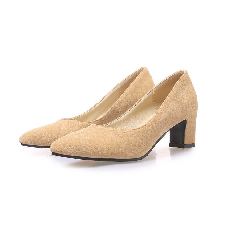 Women's Suede Pointed Toe High Heeled Chunky Heels Pumps