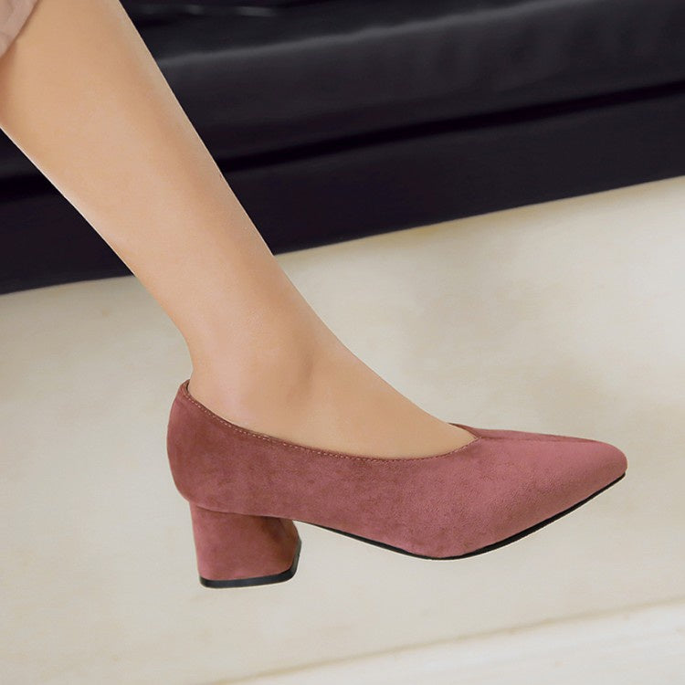 Women's Pointed Toe Suede High Heeled Chunky Heels Pumps
