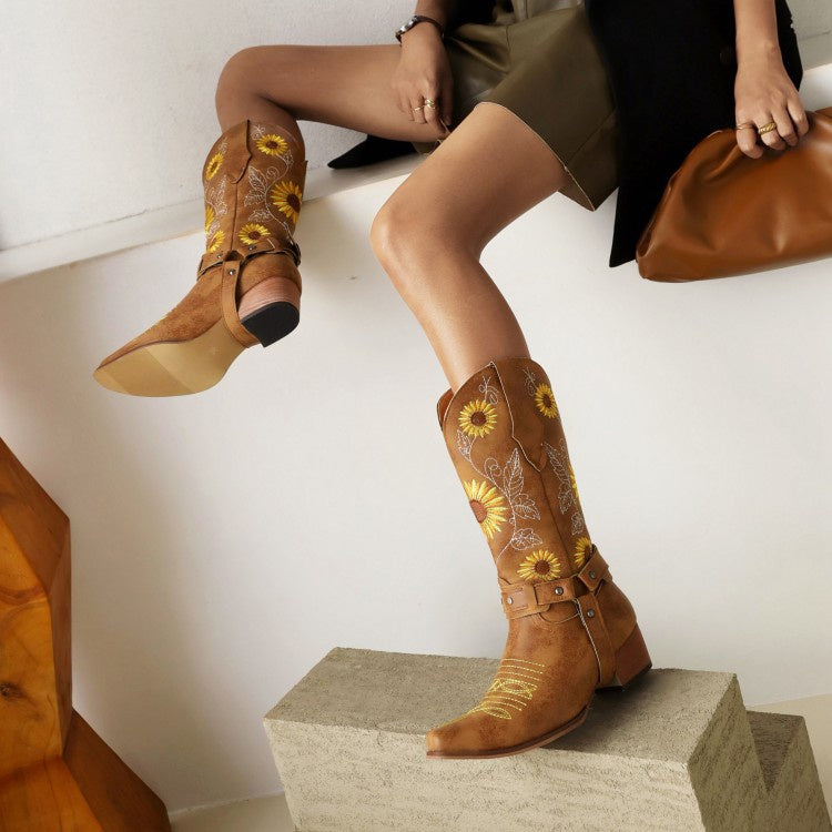 Women Embroidery Mid Calf Boots