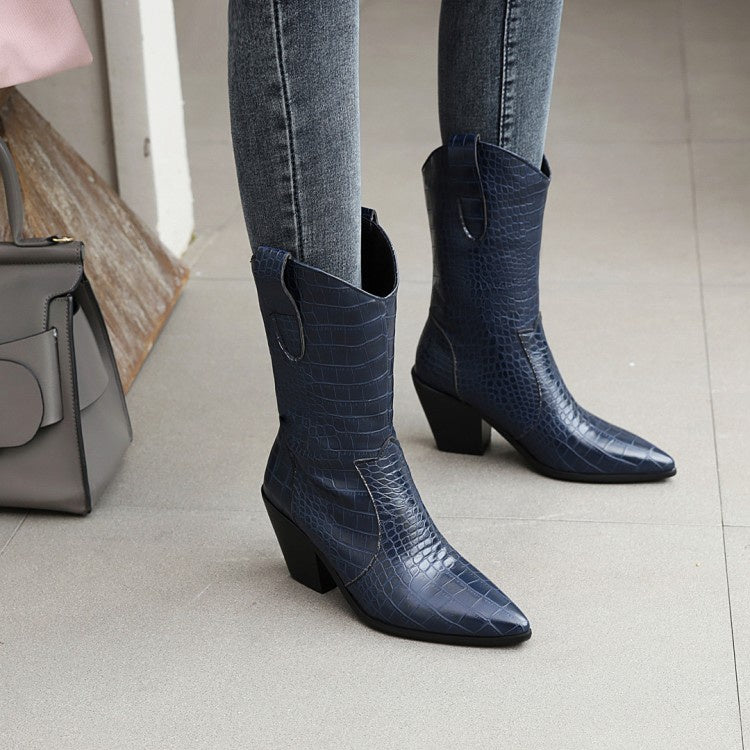 Women Pointed Toe High Heel Mid Calf Boots