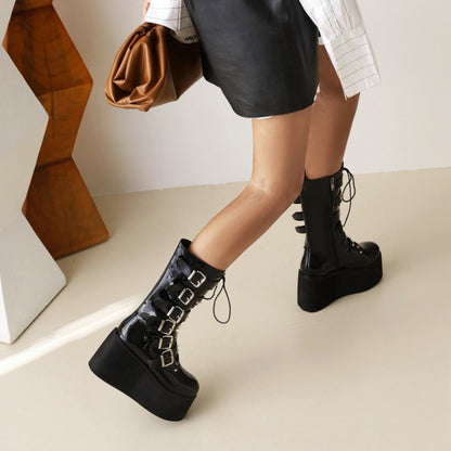 Women Buckle Platform Wedges Heels Mid Calf Boots