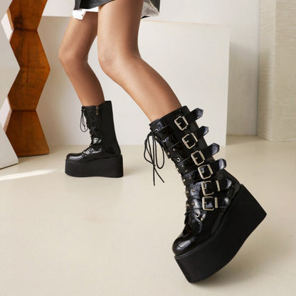 Women Buckle Platform Wedges Heels Mid Calf Boots