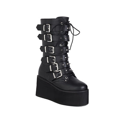 Women Buckle Platform Wedges Heels Mid Calf Boots