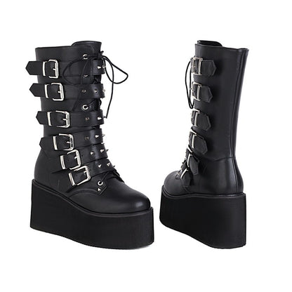 Women Buckle Platform Wedges Heels Mid Calf Boots