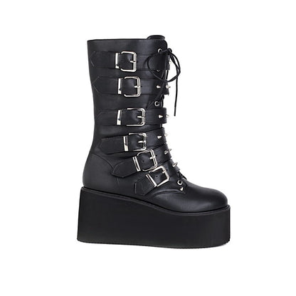 Women Buckle Platform Wedges Heels Mid Calf Boots