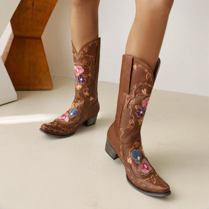 Women Floral Printed Mid Calf Boots