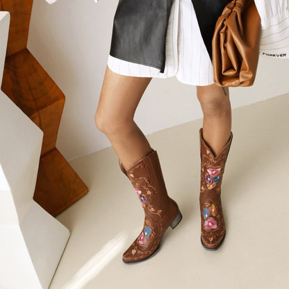 Women Floral Printed Mid Calf Boots