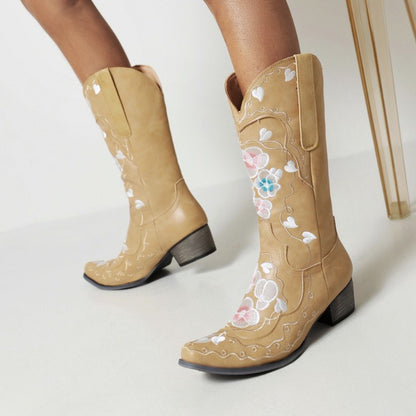 Women Floral Printed Mid Calf Boots