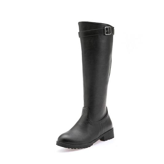 Women's Round Toe Buckle Knee High Boots