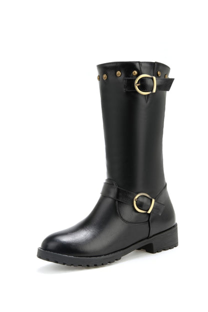 Women's Rivets Buckle Belt Mid Calf Boots