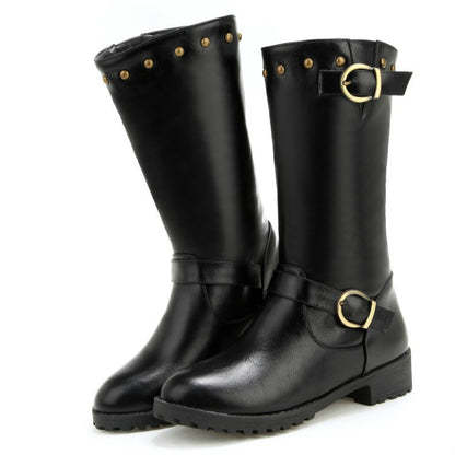 Women's Rivets Buckle Belt Mid Calf Boots