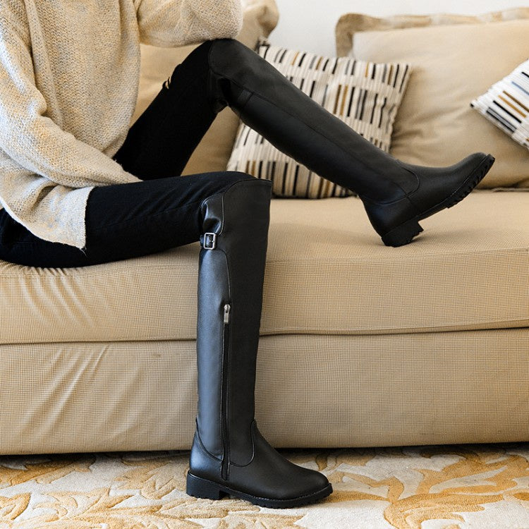 Women's Zipper Buckle Belt Knee High Boots