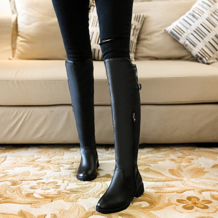 Women's Zipper Buckle Belt Knee High Boots