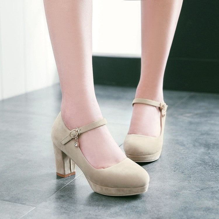 Women's Ankle Straps Suede Chunky Heels Shoes 9180