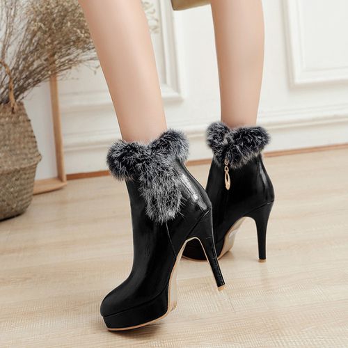 Pointed Toe Furry Women High Heels Short Boots