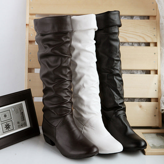 Round Toe Knee High Boots Low Heels Shoes for Woman 9894