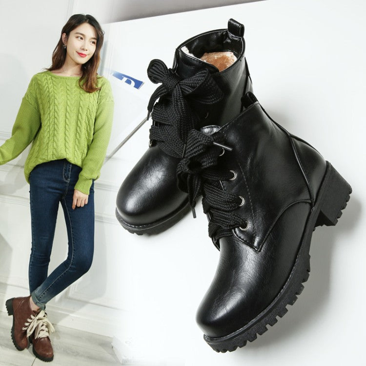 Fall and Winter Leisure Low Heel Short Boots Plus Size 33-44 Lace Up Ankle Boots Women Shoes